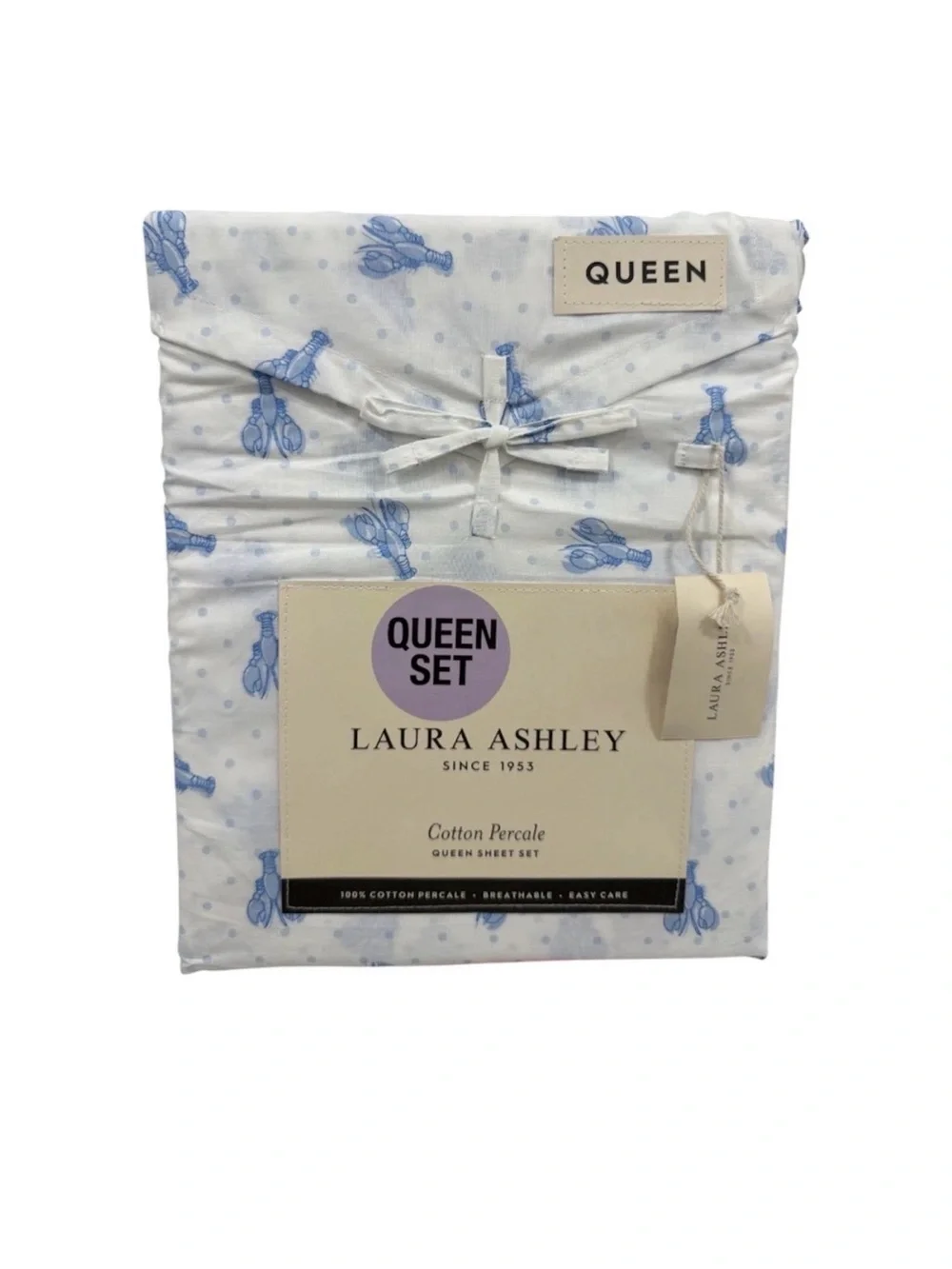 Laura Ashley QUEEN Lobster Polka Dot Blue 4Pc Sheet Set 100% Cotton Percale
